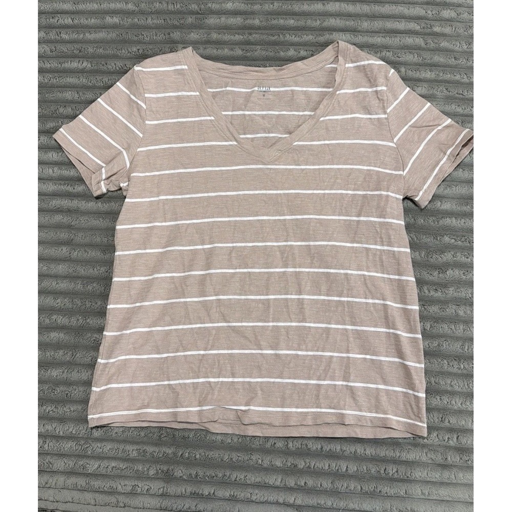Beige Taupe Striped V-Neck Short-Sleeve T-Shirt Tee Women's Size M Capsule